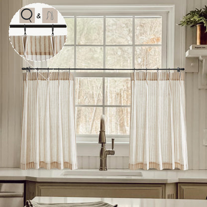 Linen Cafe Curtains — Striped Beige, 24"×28", Set of 2