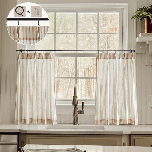 Linen Cafe Curtains — Striped Beige, 24"×28", Set of 2