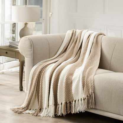 Striped Chenille Knit Throw — Beige, 60"×80"