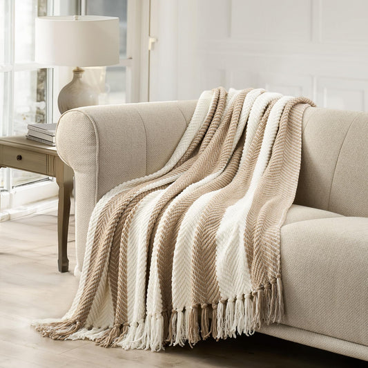 Striped Chenille Knit Throw — Beige, 60"×80"