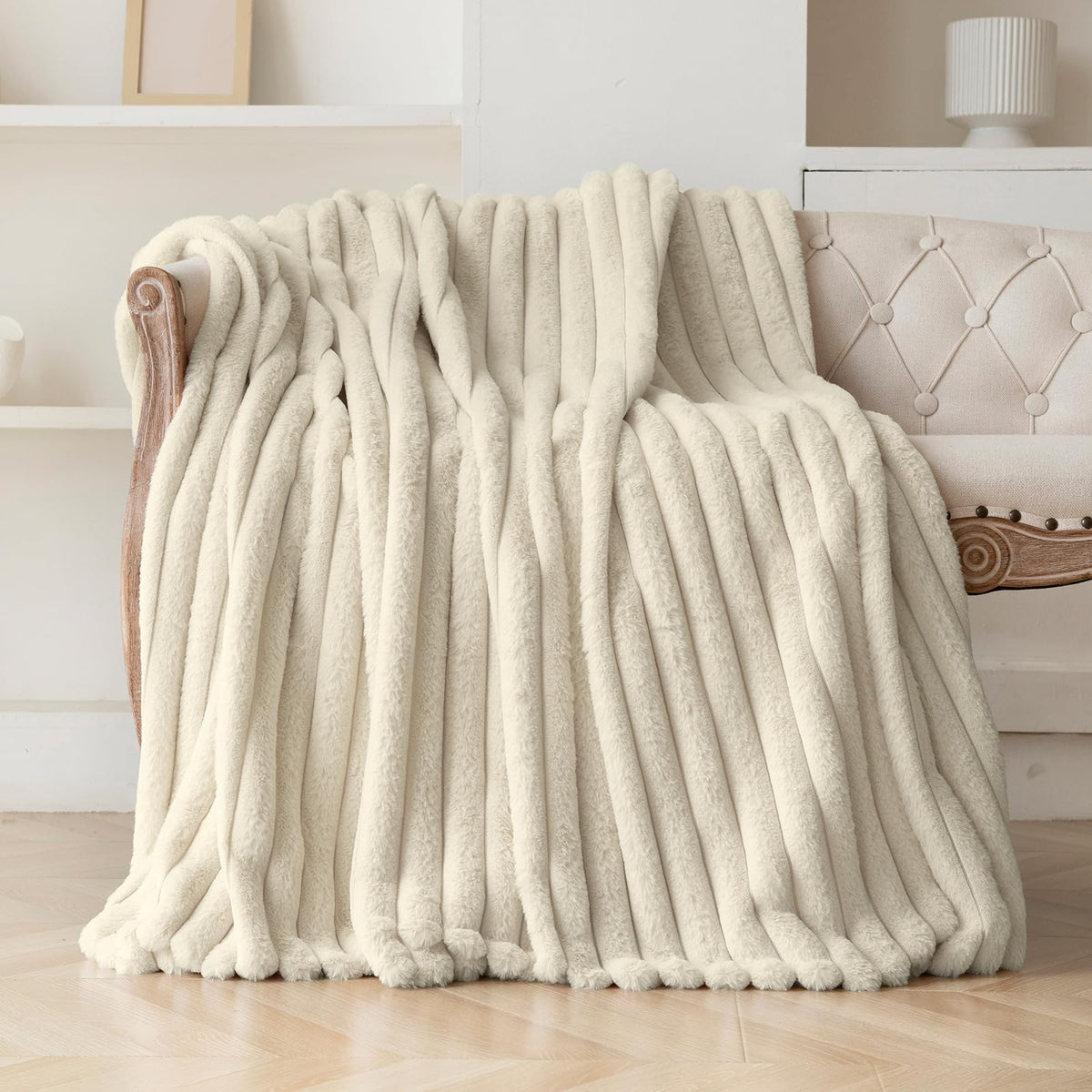 Beige Faux Fur Throw Blanket