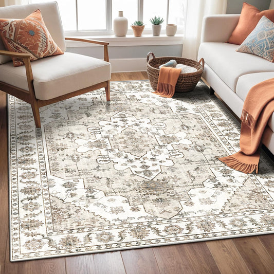 Washable Boho Area Rug — Beige Medallion, 4×6ft