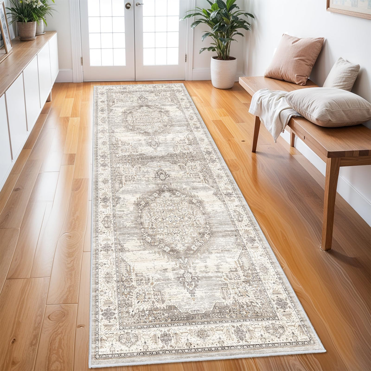 Washable Hallway Runner Rug — Beige, 3×8ft