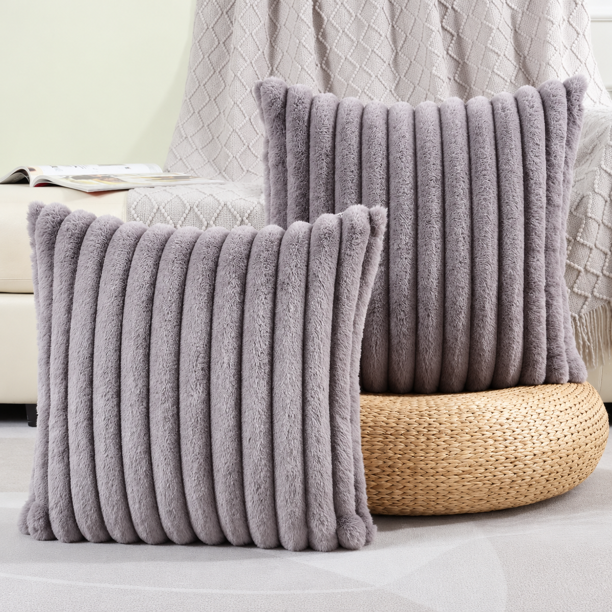 Ribbed Faux-Fur Pillow Cover
