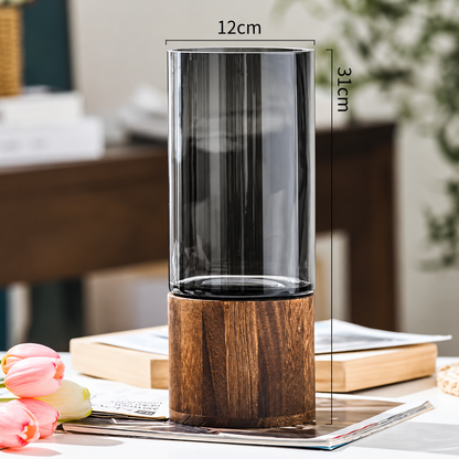 Smoked Glass & Wood Vase