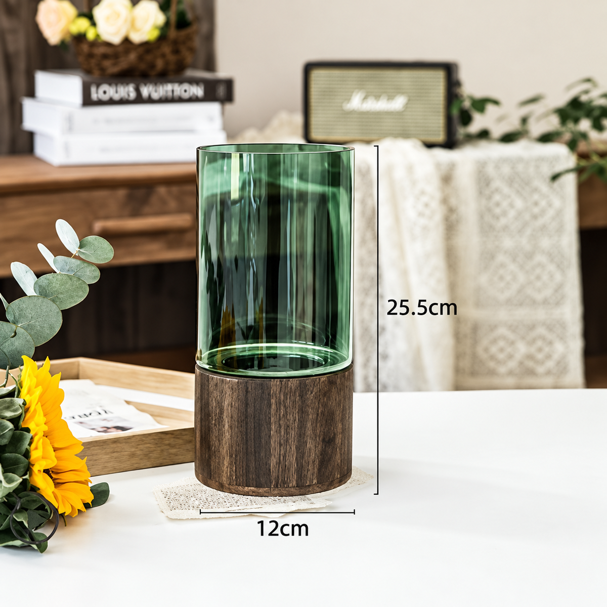 Smoked Glass & Wood Vase