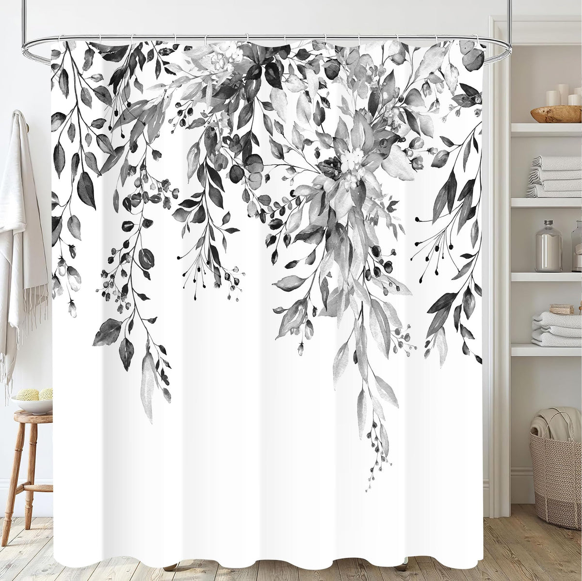 Black White Eucalyptus Leaves Shower Curtains