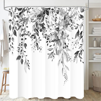 Black White Eucalyptus Leaves Shower Curtains