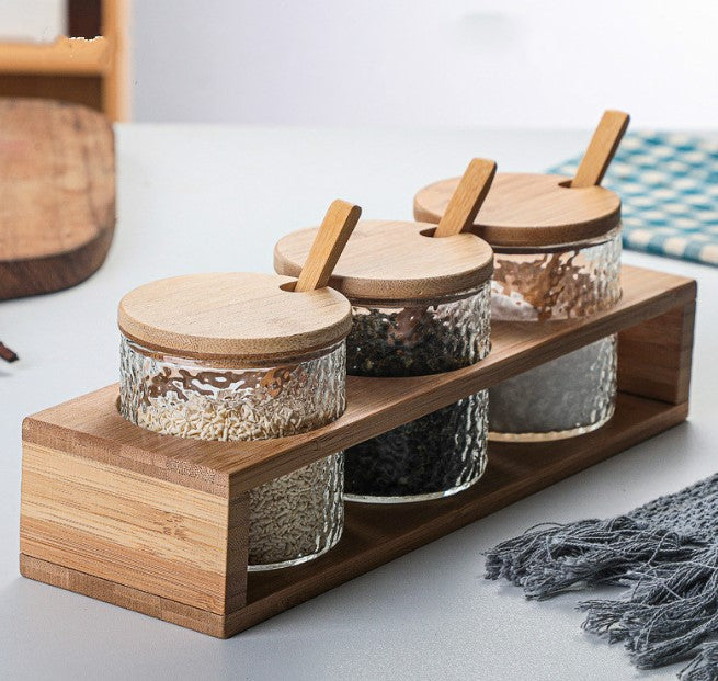 Glass Seasoning Jar Set with Wood Stand