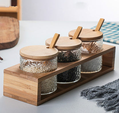 Glass Seasoning Jar Set with Wood Stand