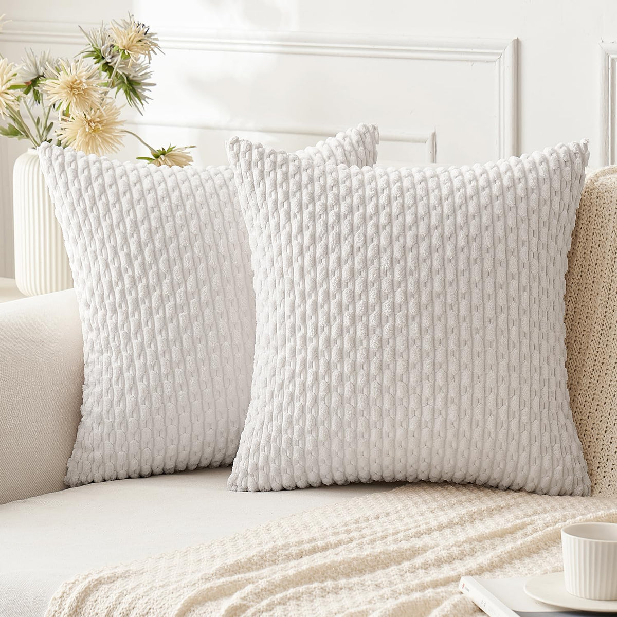 ANRODUO Pack of 2 White Pillow Covers Decorative Throw Pillows 18x18 Inch for Couch Bed Living Room Soft Corduroy Striped Square Cushion Covers Throw Pillows Rustic Farmhouse Boho Spring Home Decor