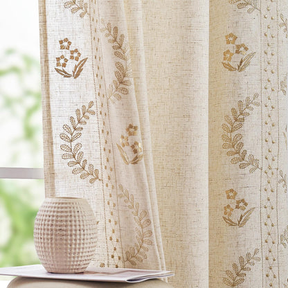 Floral Embroidered Linen Curtains — Beige, 50"×96", Set of 2