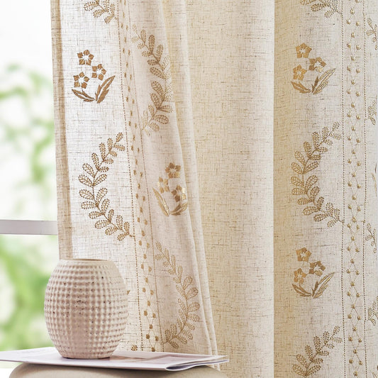Floral Embroidered Linen Curtains — Beige, 50"×96", Set of 2