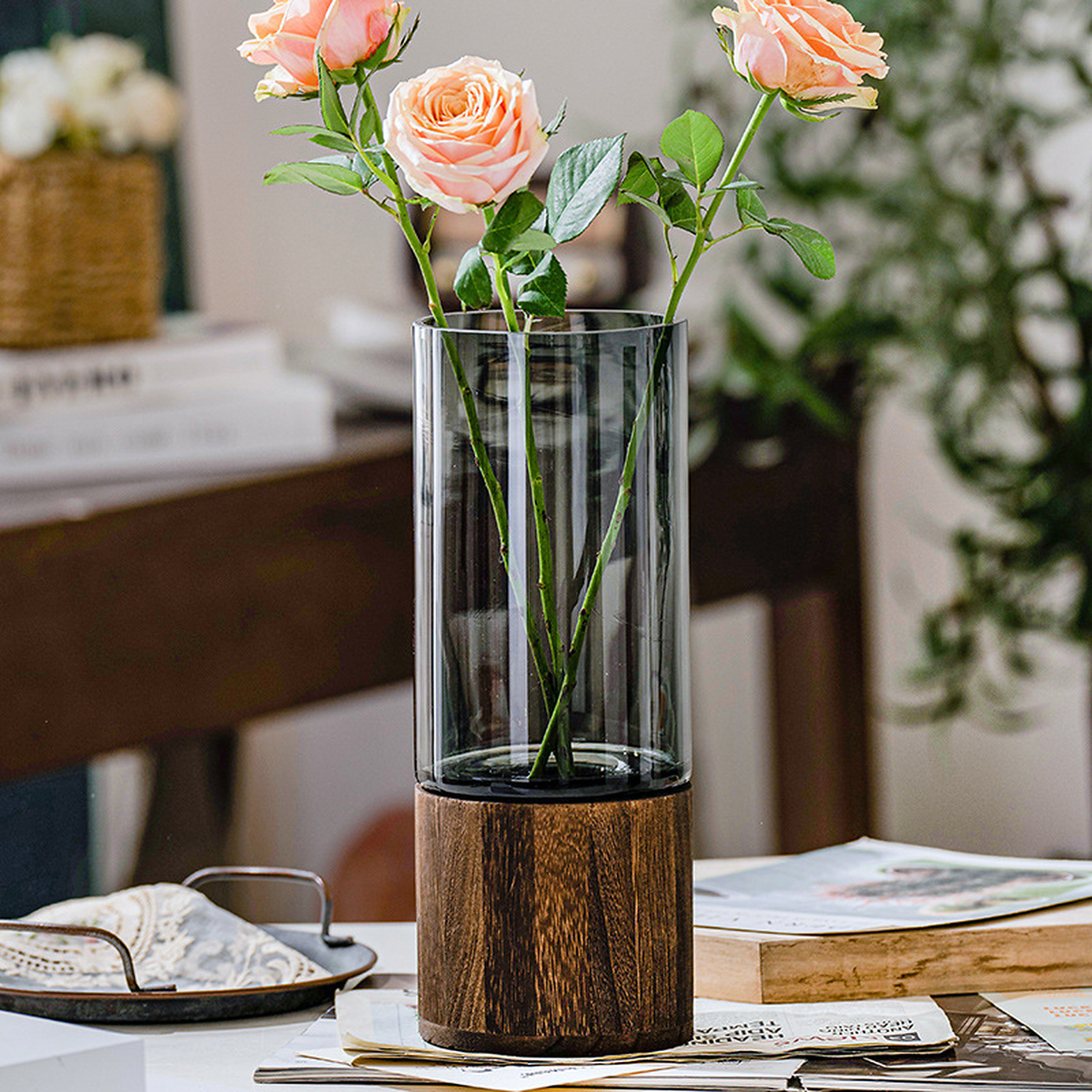 Smoked Glass & Wood Vase