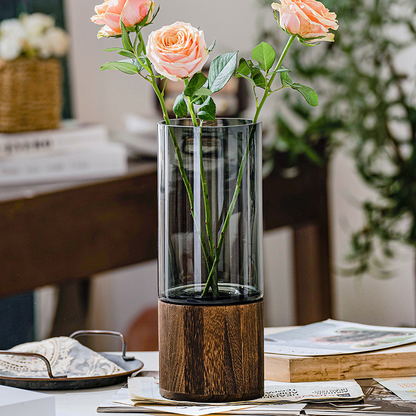 Smoked Glass & Wood Vase