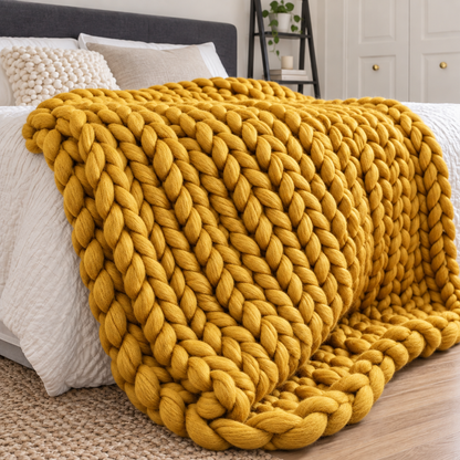 A chunky knit blanket in a rich mustard yellow color, draped over a bed with white bedding in a cozy bedroom setting.